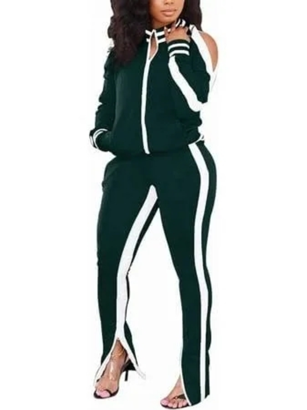 Cold-Shoulder Two-Piece Track Pants Set - Dark BLUE/White